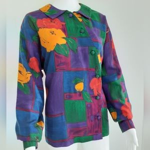 VTG ALEXANDER CAMPBELL WOOL BOLD FLORAL PRINT BLOUSE SZ 10
